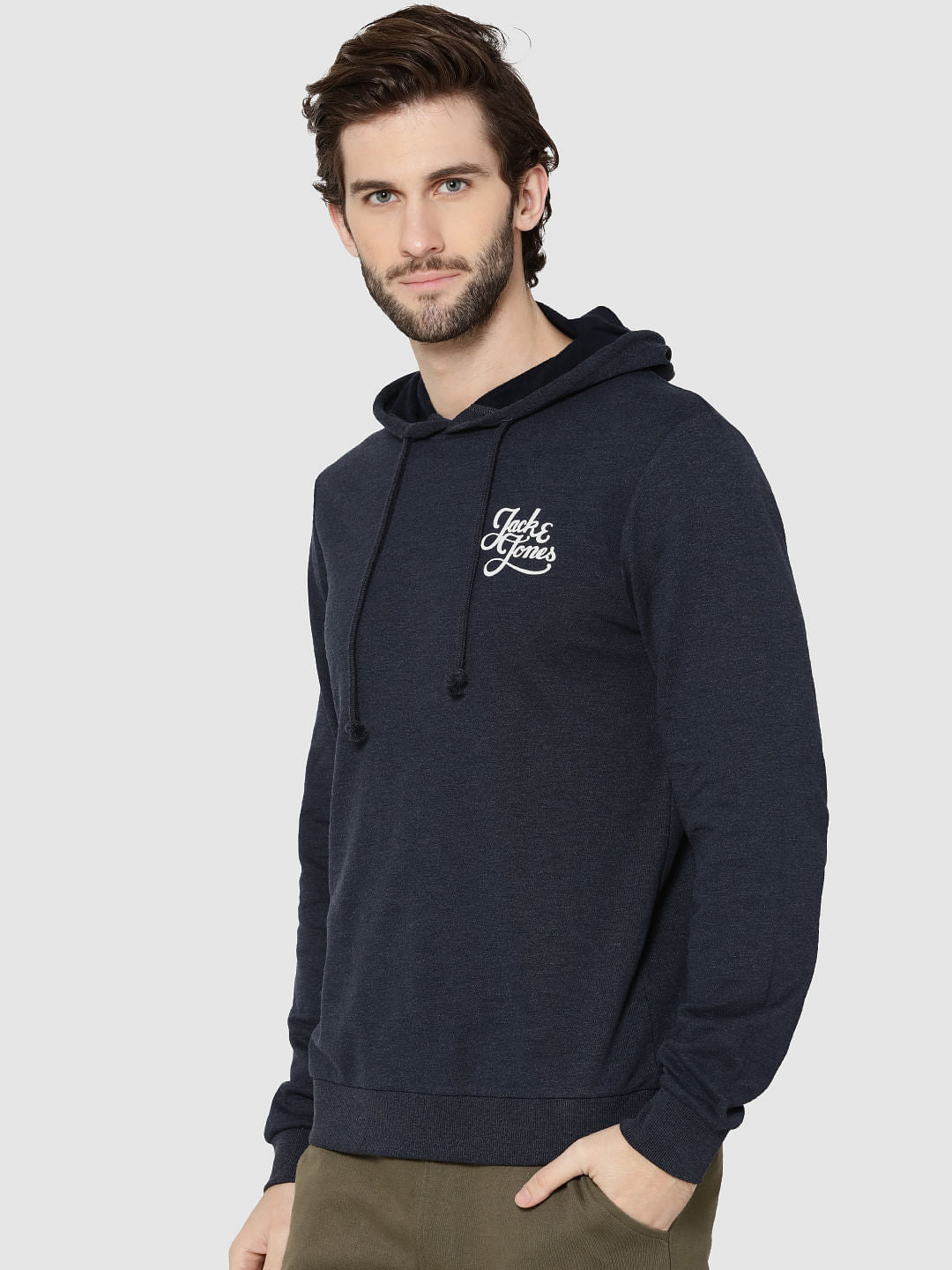 Navy Blue Logo Print Hooded Sweatshirt