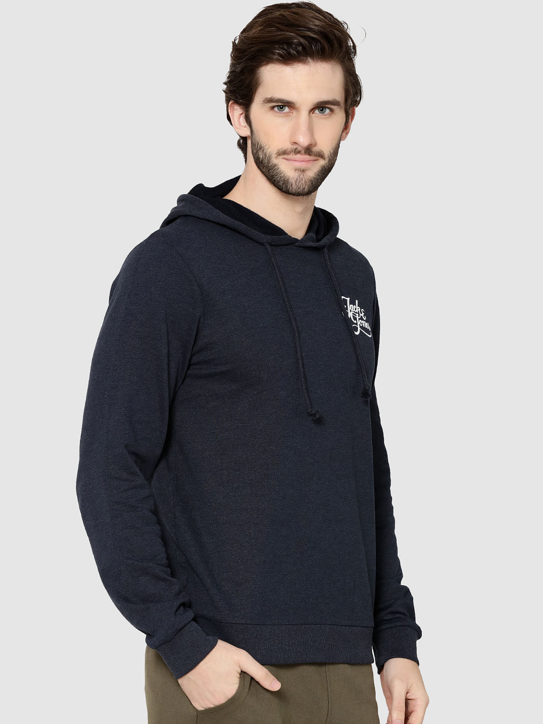 Navy Blue Logo Print Hooded Sweatshirt