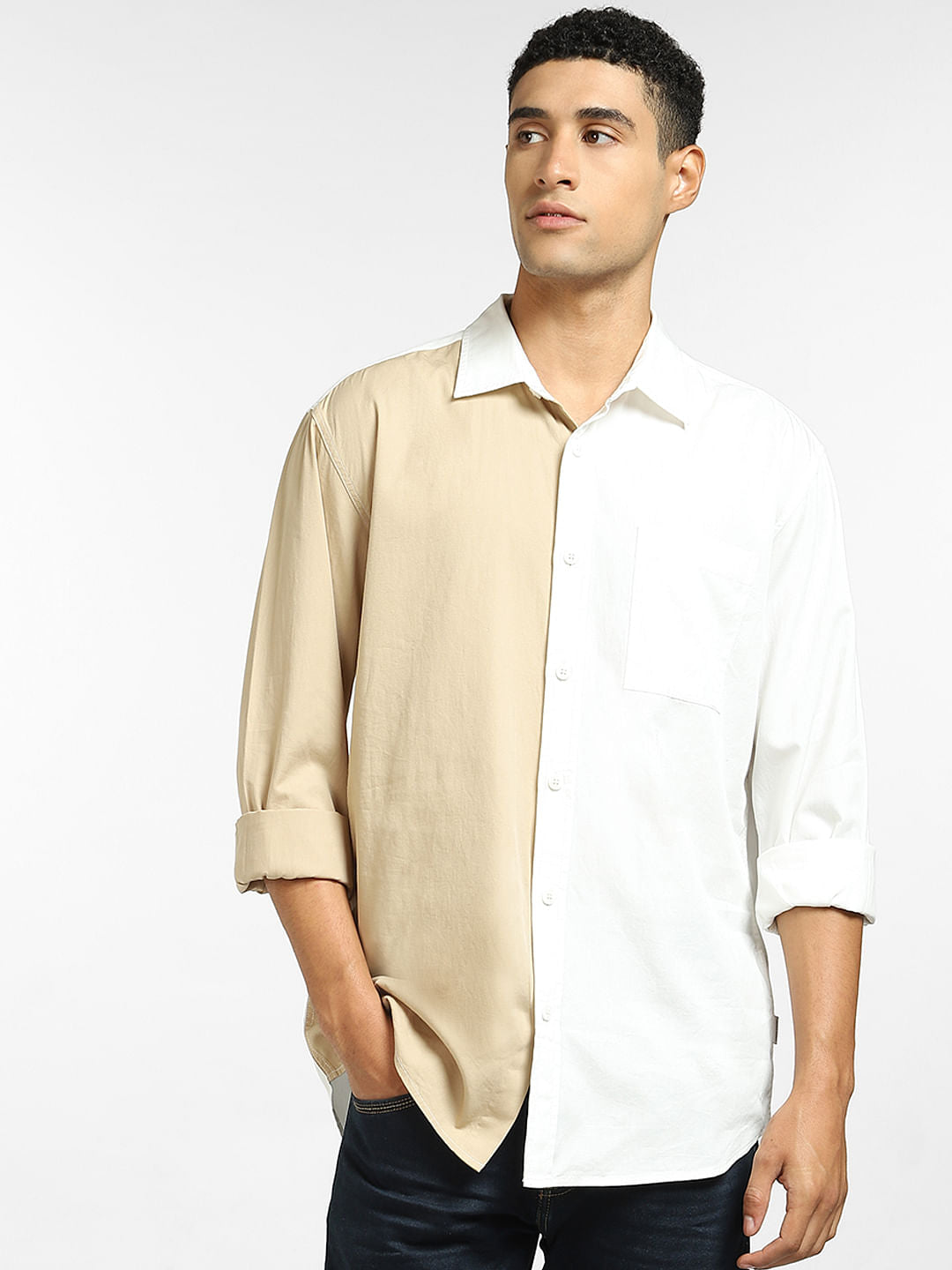 White Colourblocked Full Sleeves Shirt