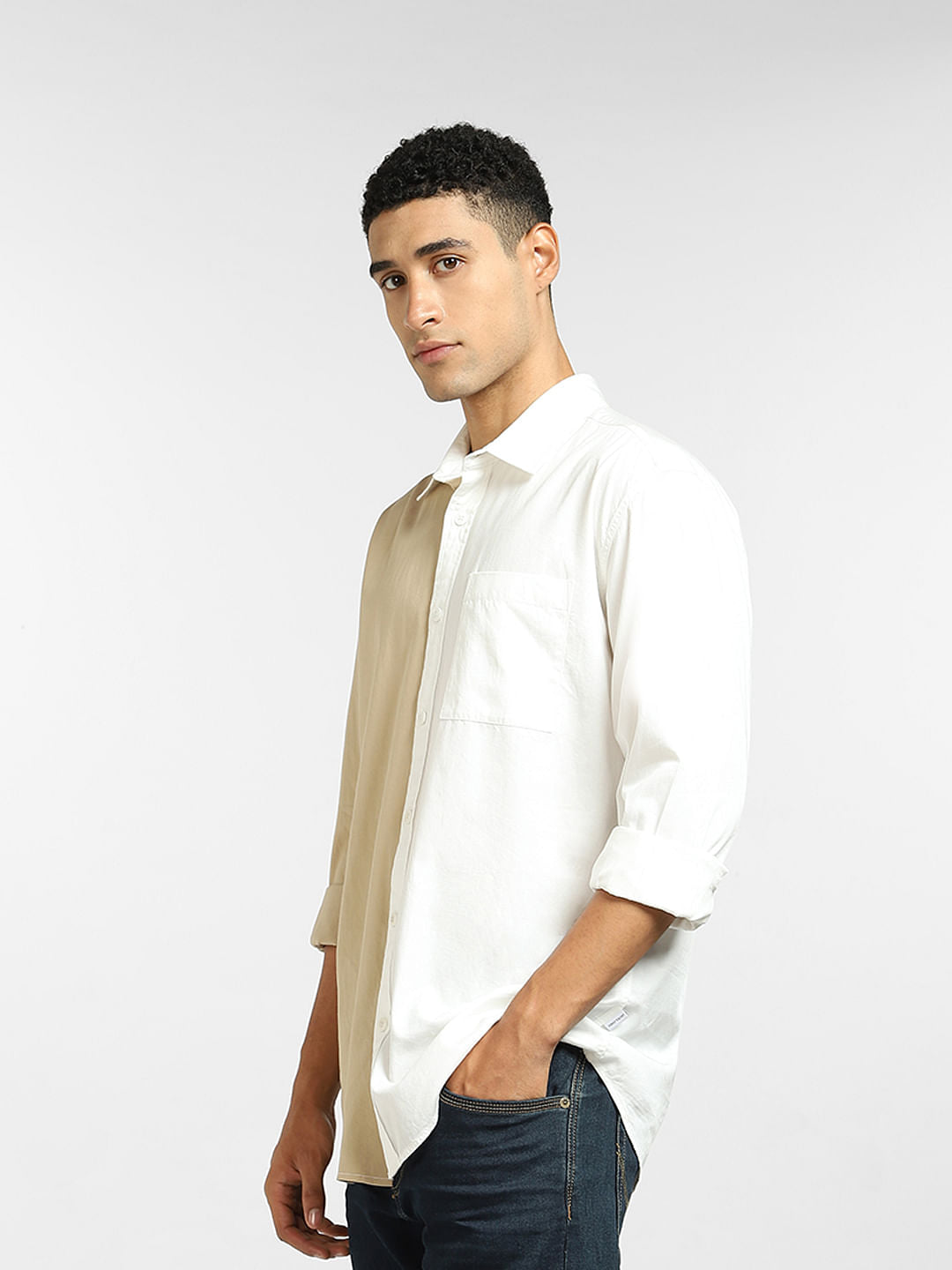 White Colourblocked Full Sleeves Shirt