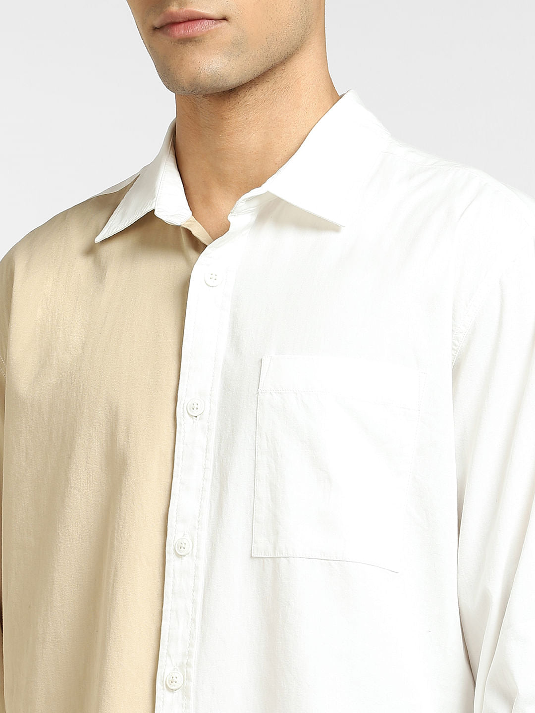 White Colourblocked Full Sleeves Shirt