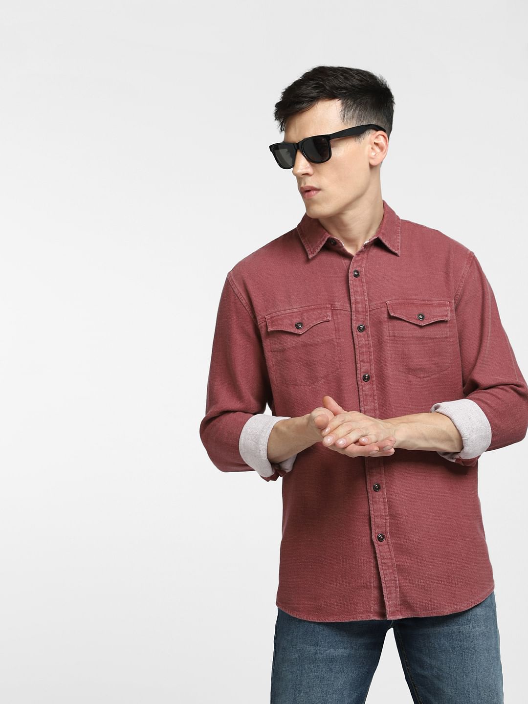 Dark Pink Dobby Full Sleeves Shirt - S
