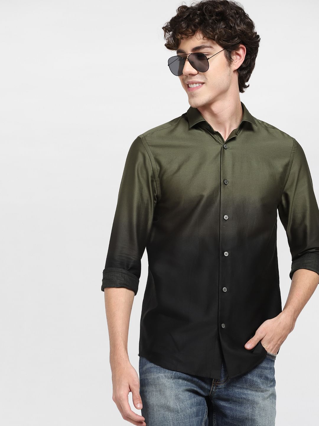 Green Gradient Print Full Sleeves Shirt