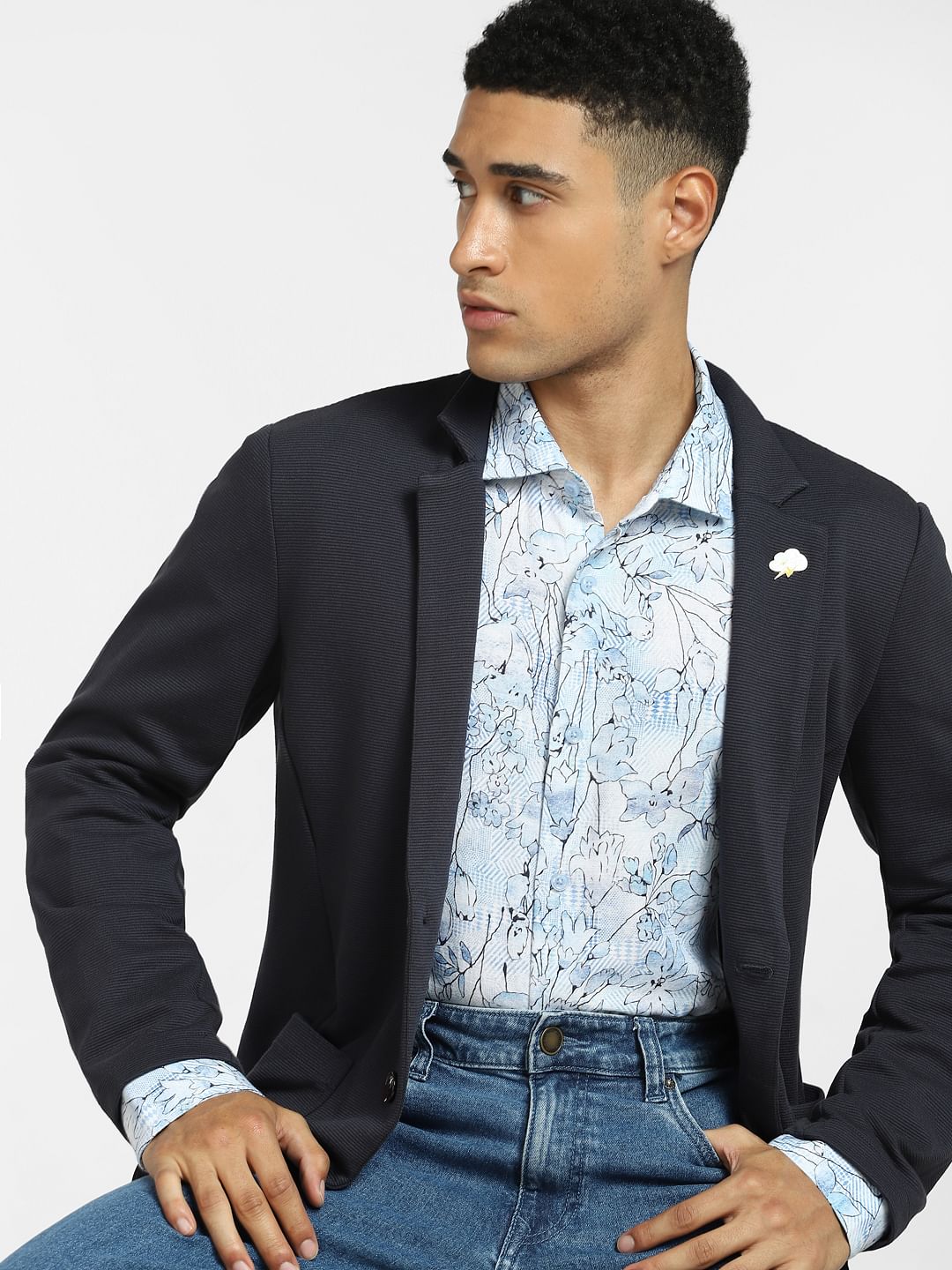 Blue Floral Print Full Sleeves Shirt - S