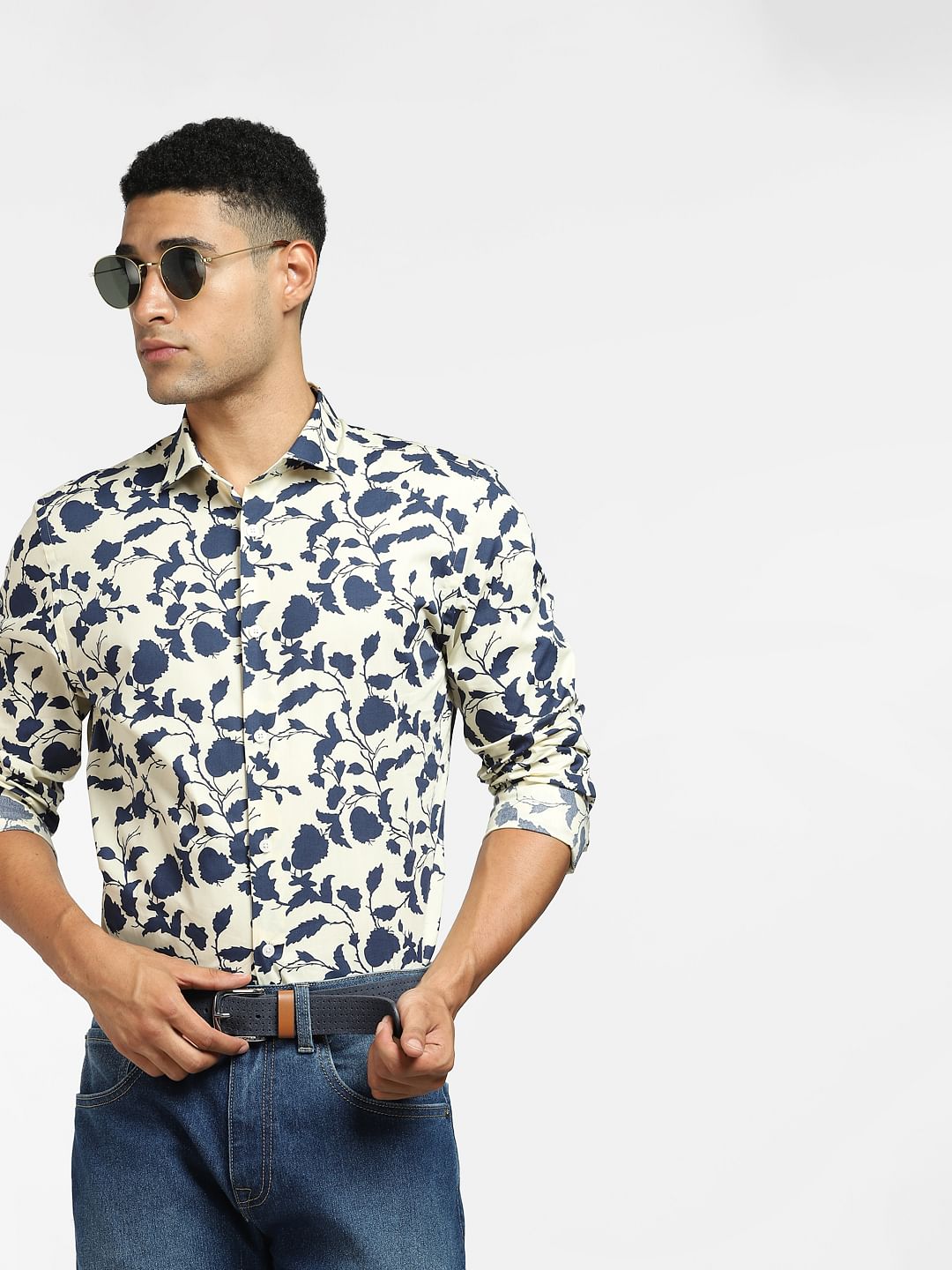 Light Beige Floral Full Sleeves Shirt - S