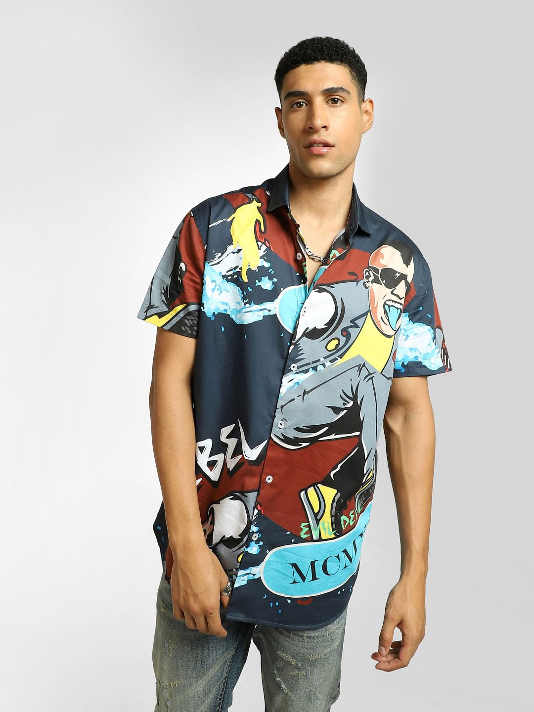 Navy Blue Graphic Print Short Sleeves Shirt - S