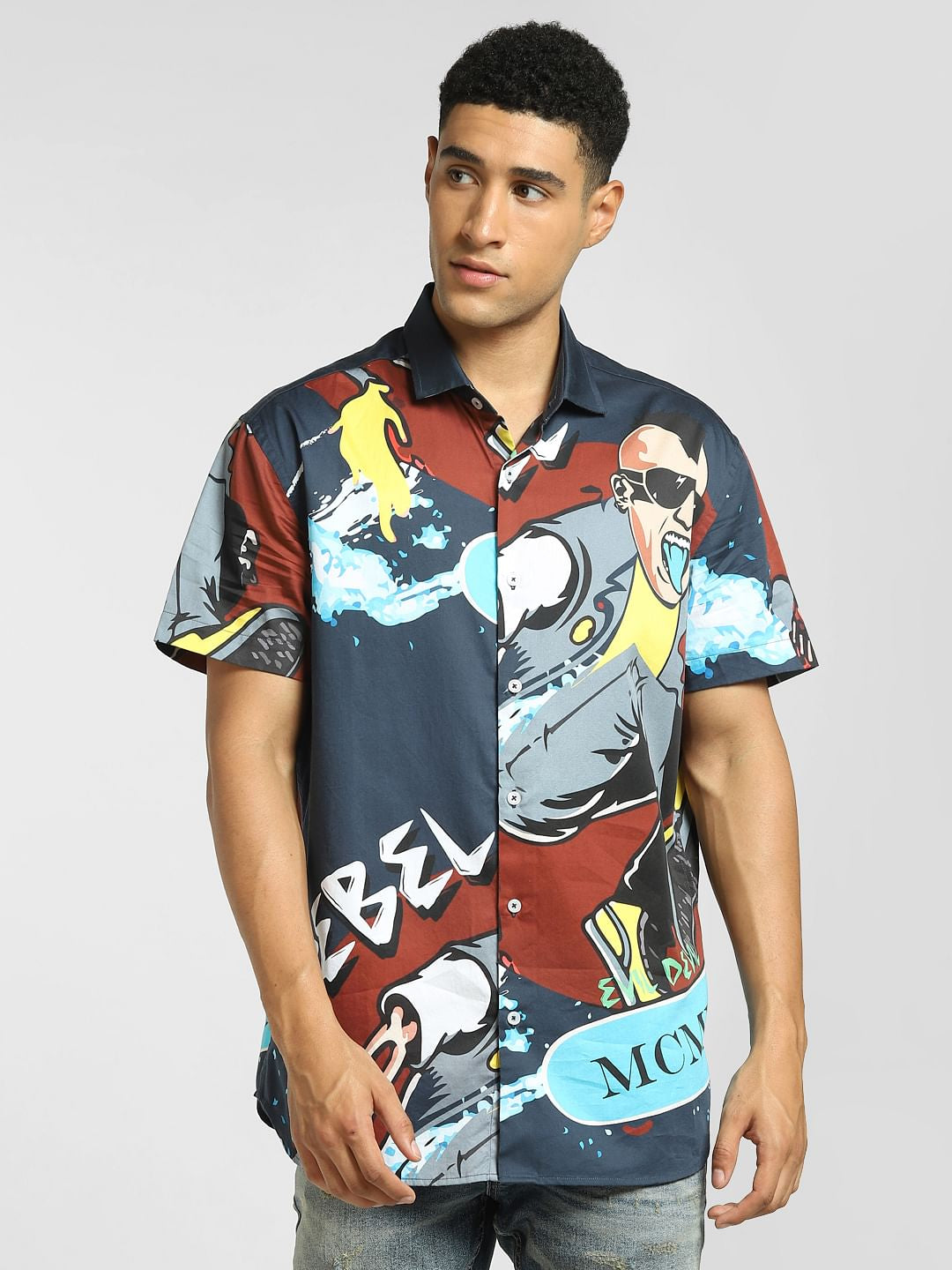 Navy Blue Graphic Print Short Sleeves Shirt