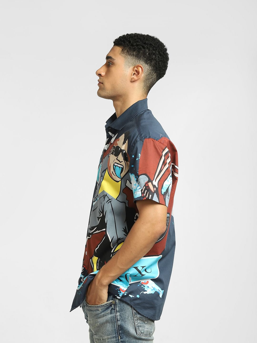 Navy Blue Graphic Print Short Sleeves Shirt