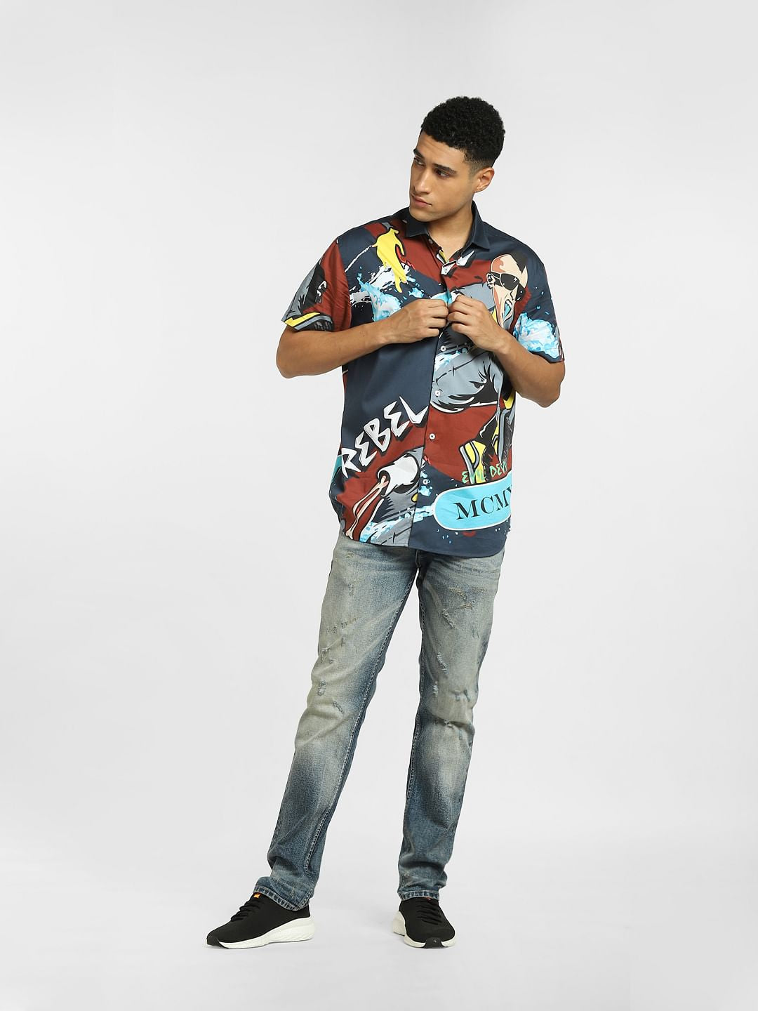 Navy Blue Graphic Print Short Sleeves Shirt