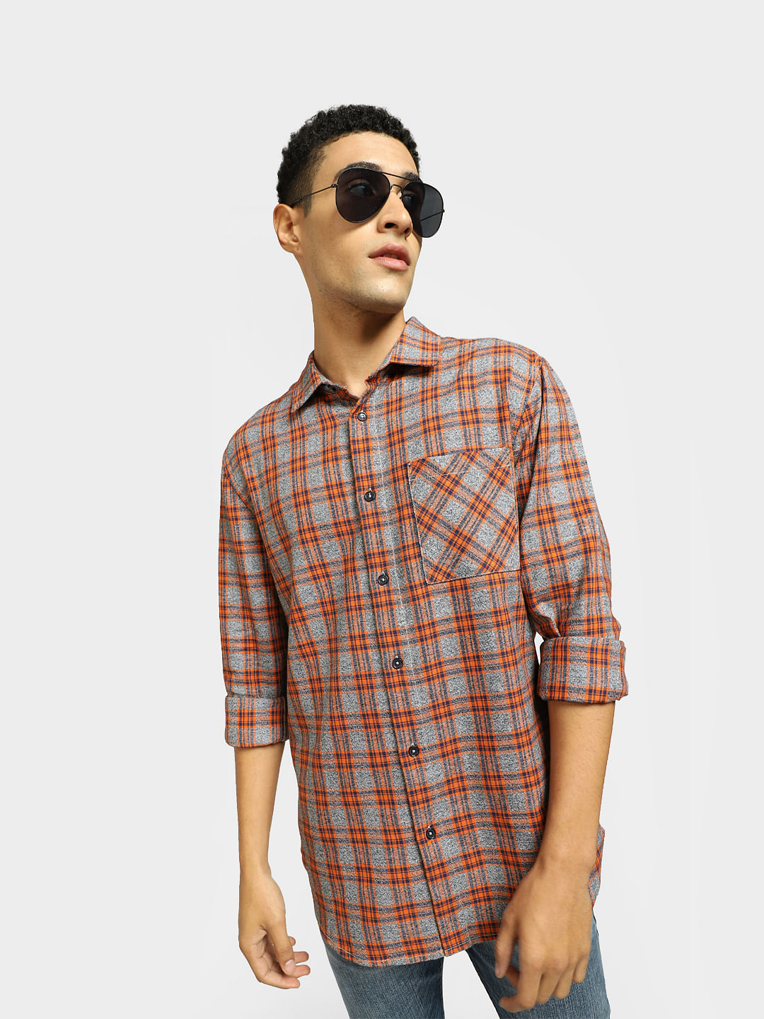 Orange Check Full Sleeves Shirt - S