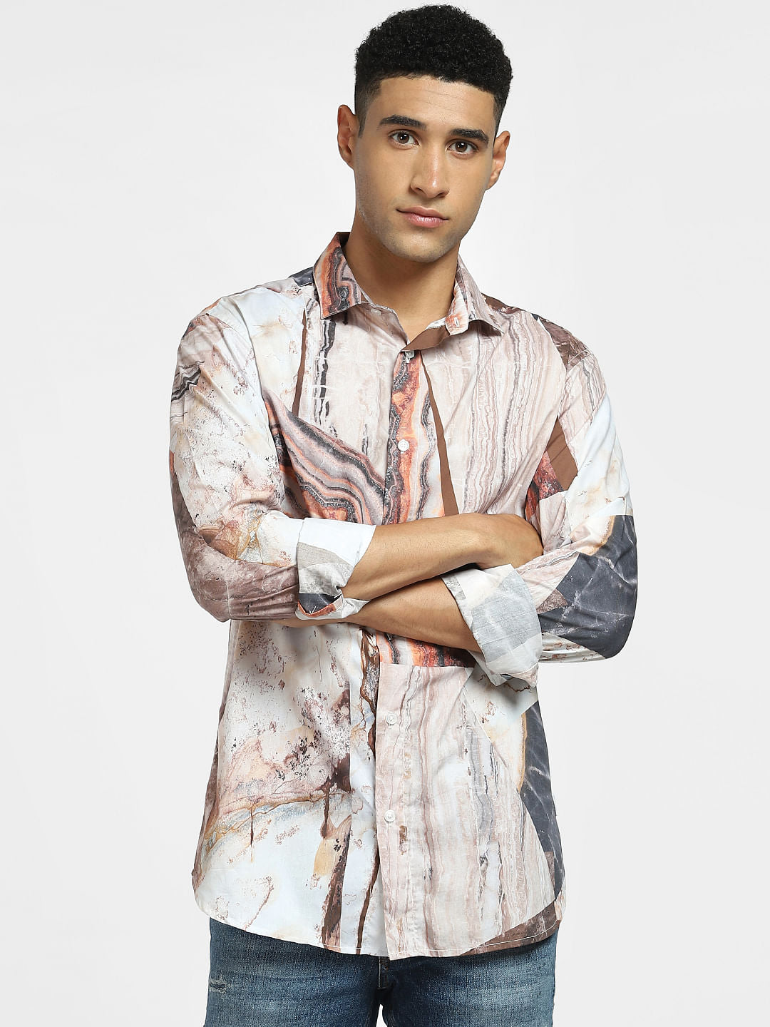 Brown Abstract Print Full Sleeves Shirt