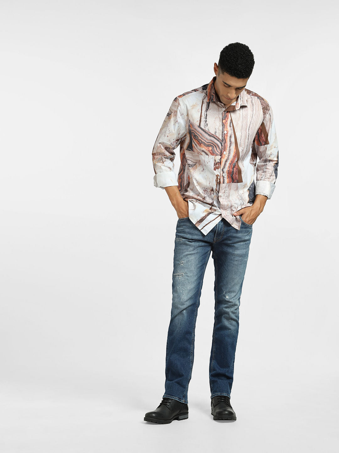 Brown Abstract Print Full Sleeves Shirt
