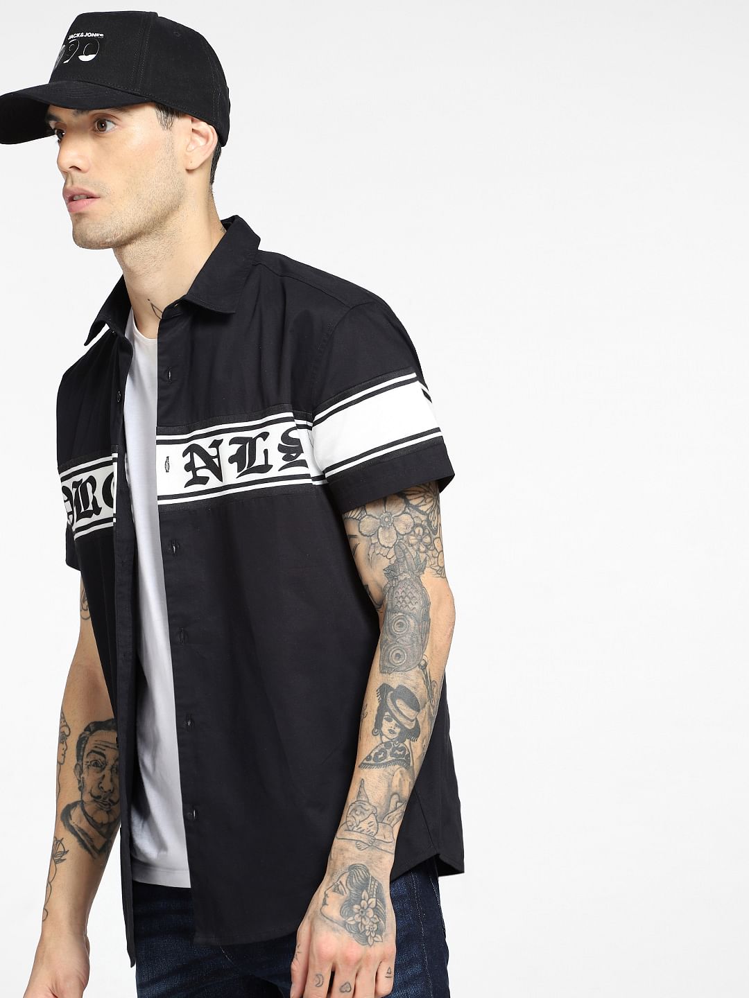 Black Graphic Print Short Sleeves Shirt - S