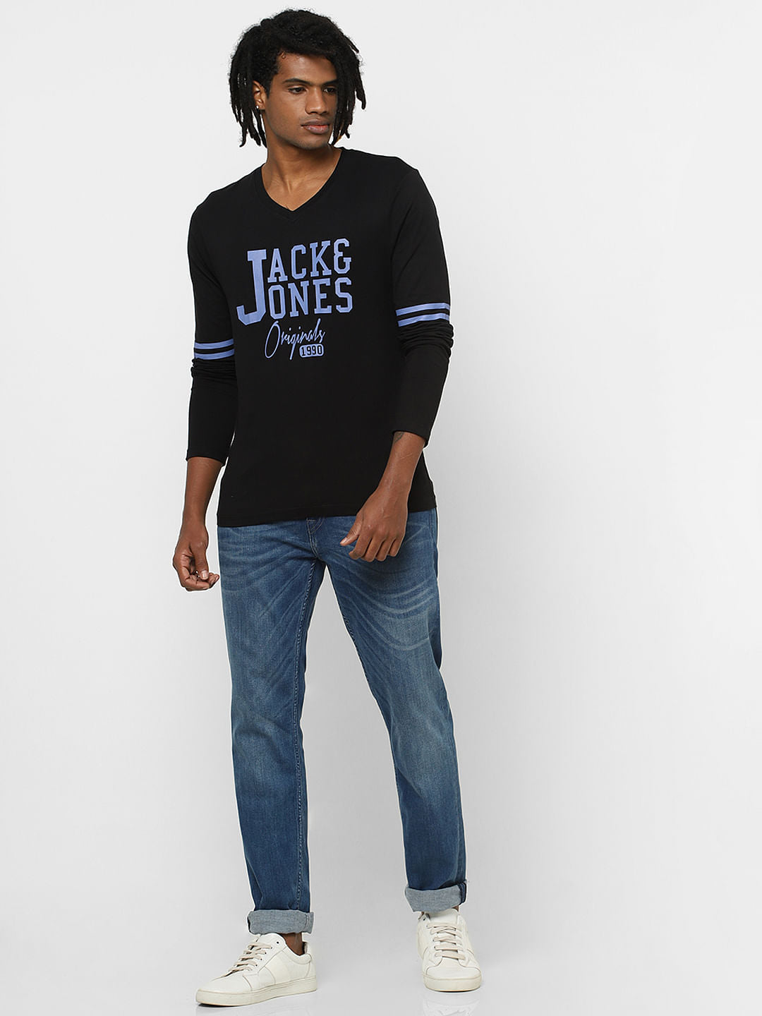Black Logo Print V Neck Full Sleeves T-Shirt - S