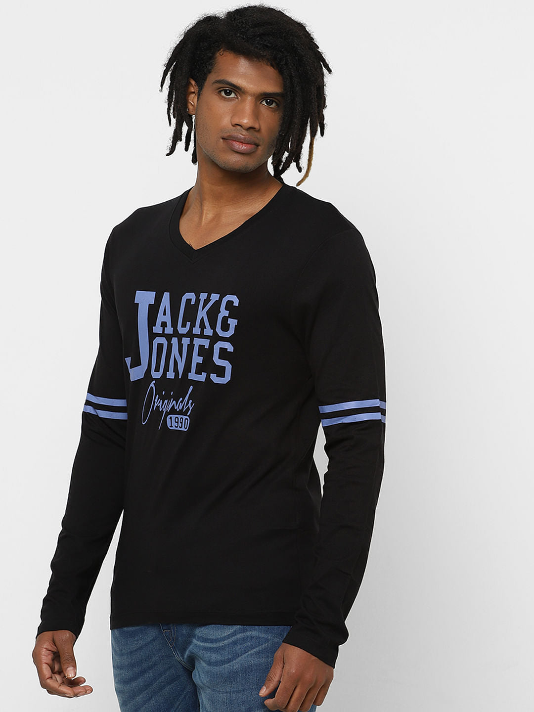 Black Logo Print V Neck Full Sleeves T-Shirt