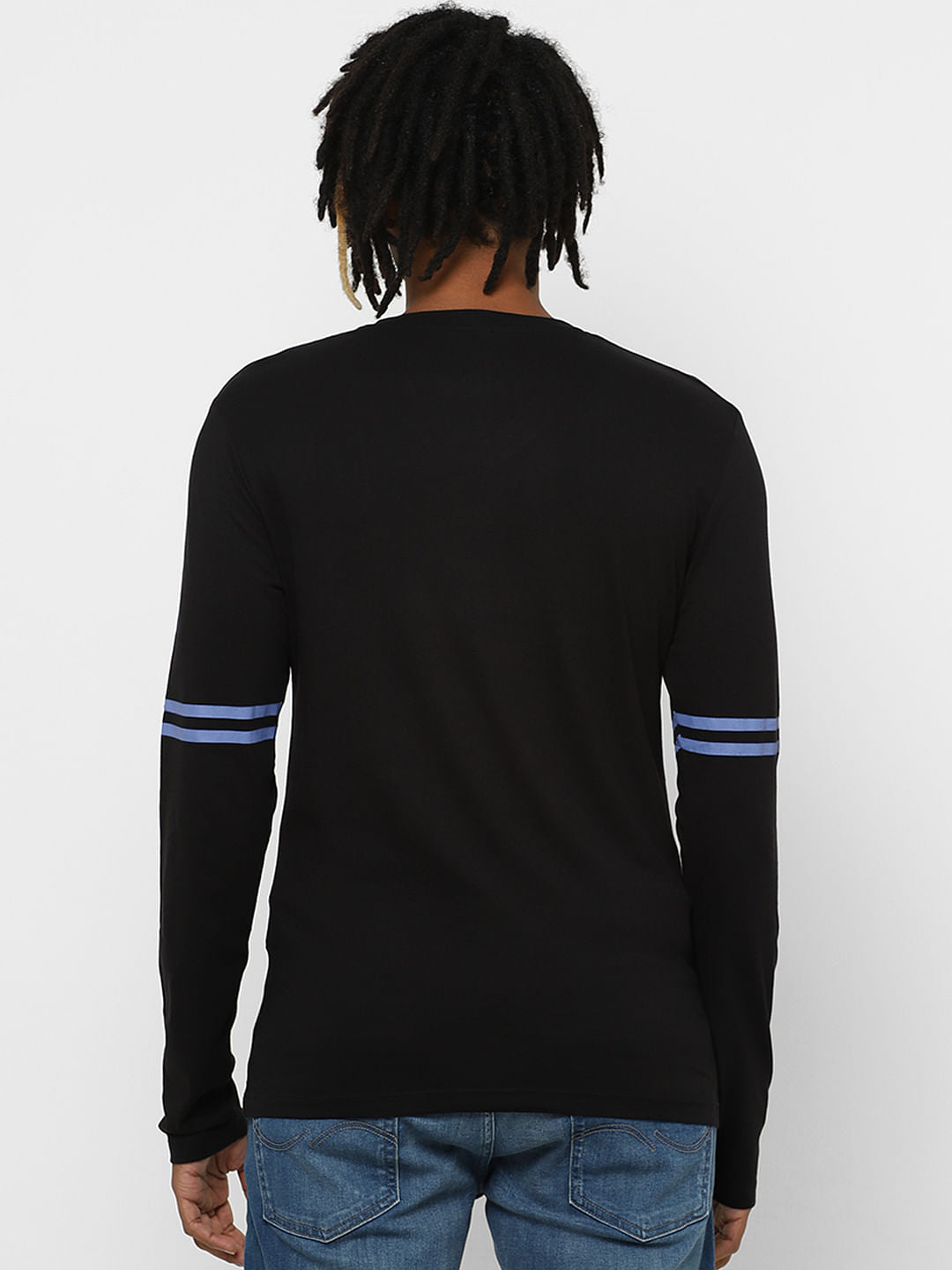 Black Logo Print V Neck Full Sleeves T-Shirt