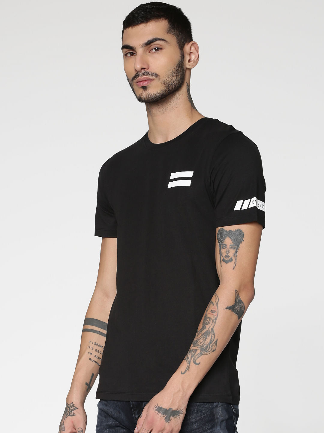 Black Graphic Print Slim Fit Crew Neck T-Shirt - S