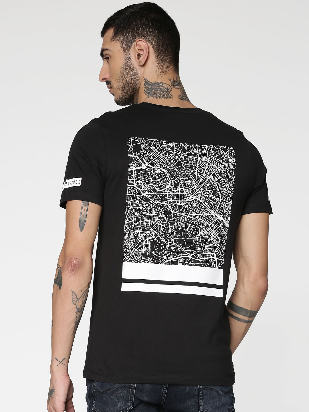 Black Graphic Print Slim Fit Crew Neck T-Shirt
