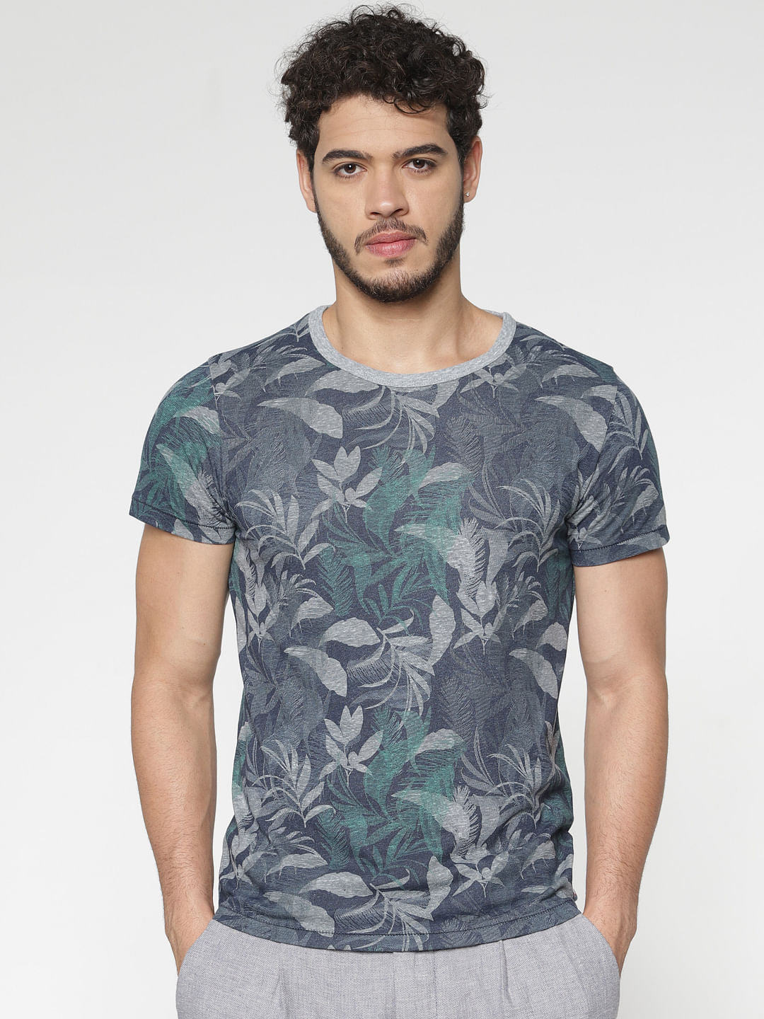 Blue All Over Tropical Print Slim Fit Crew Neck T-Shirt - S