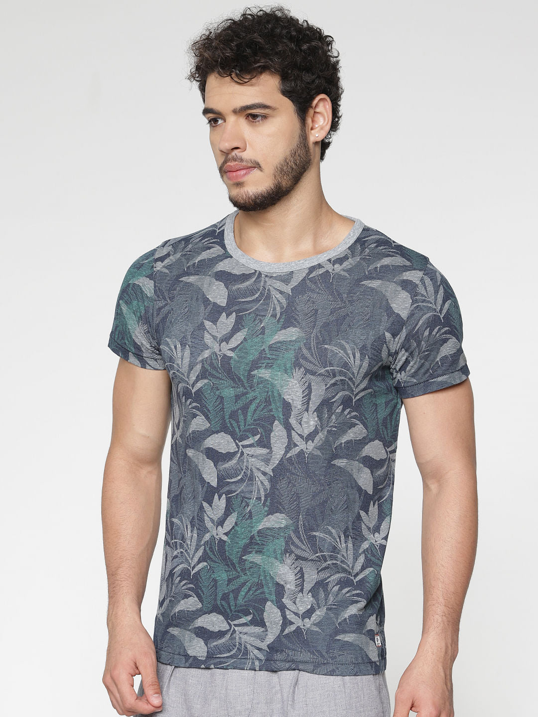 Blue All Over Tropical Print Slim Fit Crew Neck T-Shirt