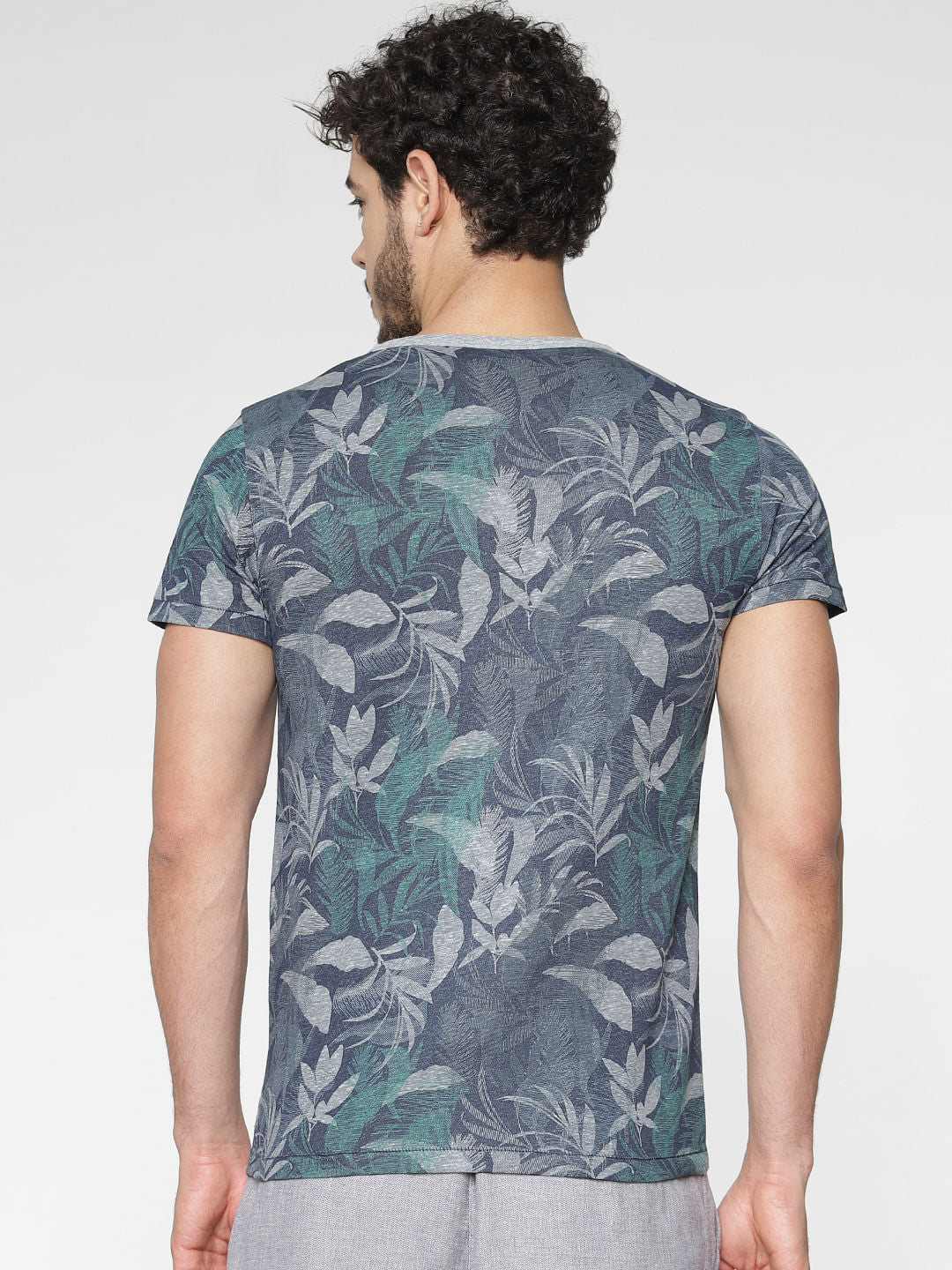 Blue All Over Tropical Print Slim Fit Crew Neck T-Shirt