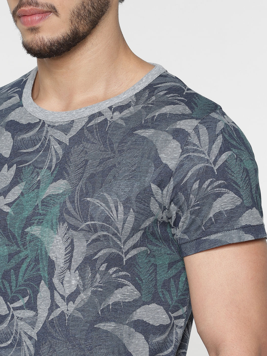Blue All Over Tropical Print Slim Fit Crew Neck T-Shirt