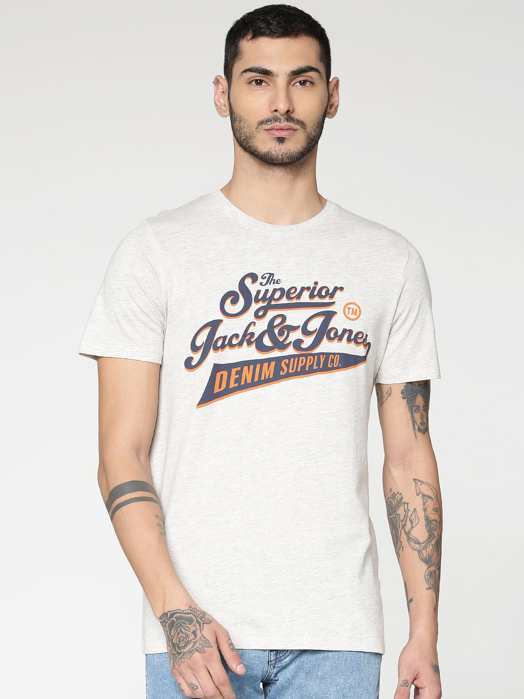 White Typographic Chest Print Slim Fit Crew Neck T-Shirt - S