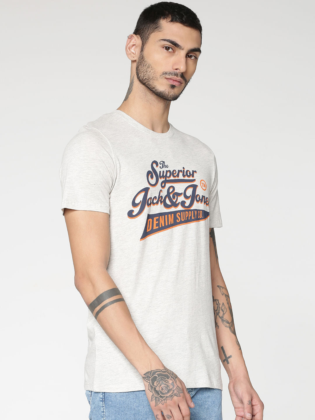 White Typographic Chest Print Slim Fit Crew Neck T-Shirt