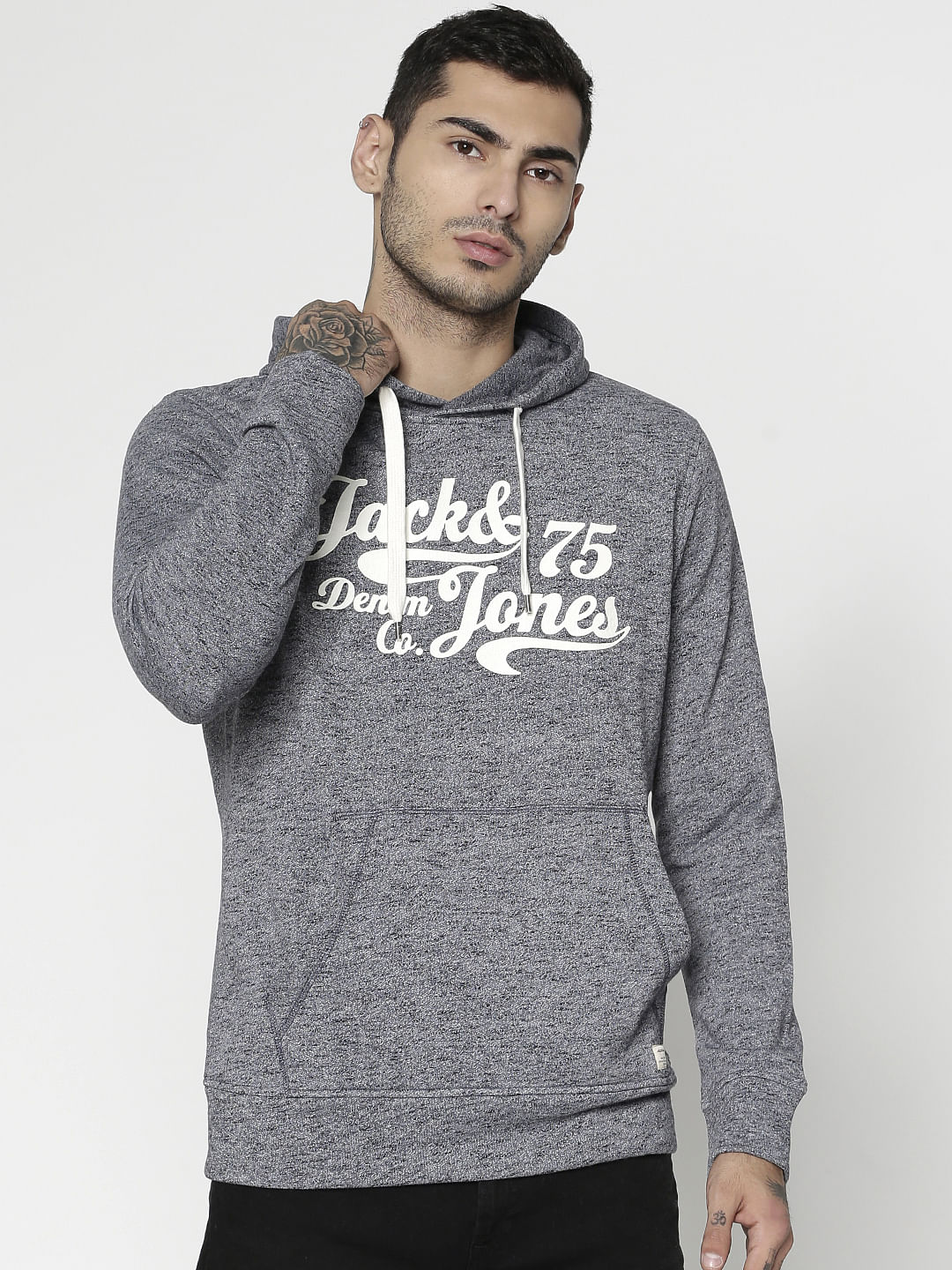 Grey Text Print Hooded Sweatshirt - XS