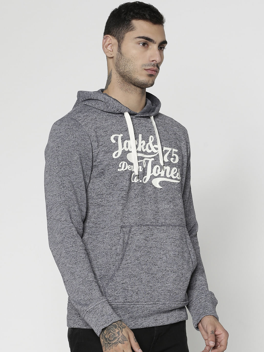 Grey Text Print Hooded Sweatshirt