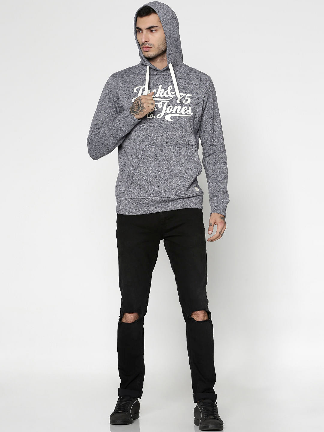 Grey Text Print Hooded Sweatshirt