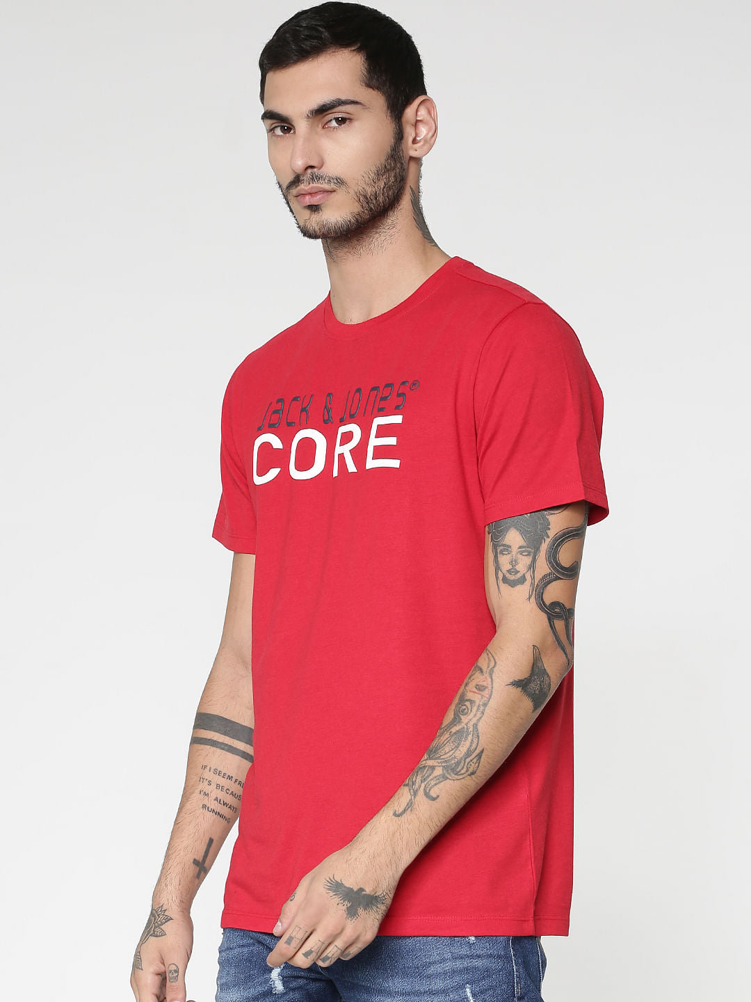 Red Core Text Print Slim Fit Crew Neck T-Shirt