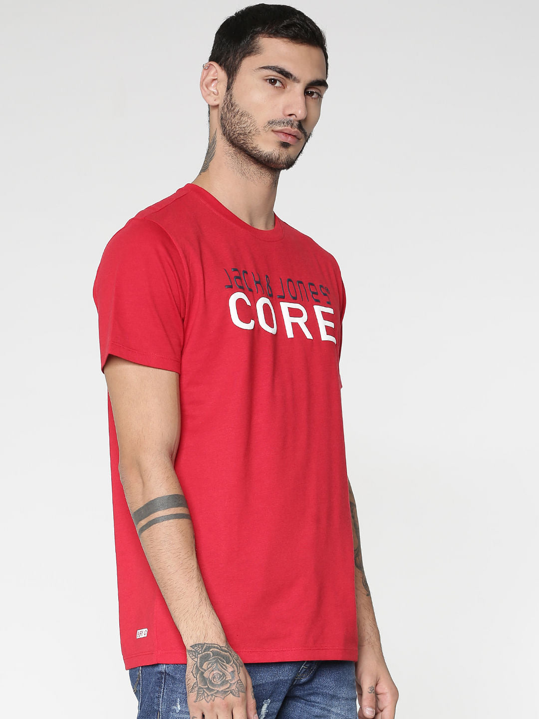 Red Core Text Print Slim Fit Crew Neck T-Shirt