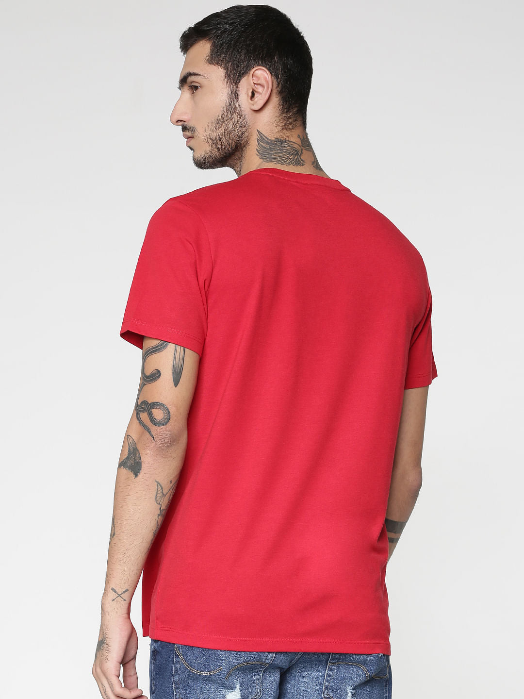 Red Core Text Print Slim Fit Crew Neck T-Shirt