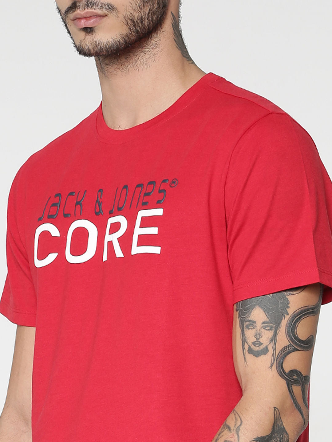 Red Core Text Print Slim Fit Crew Neck T-Shirt