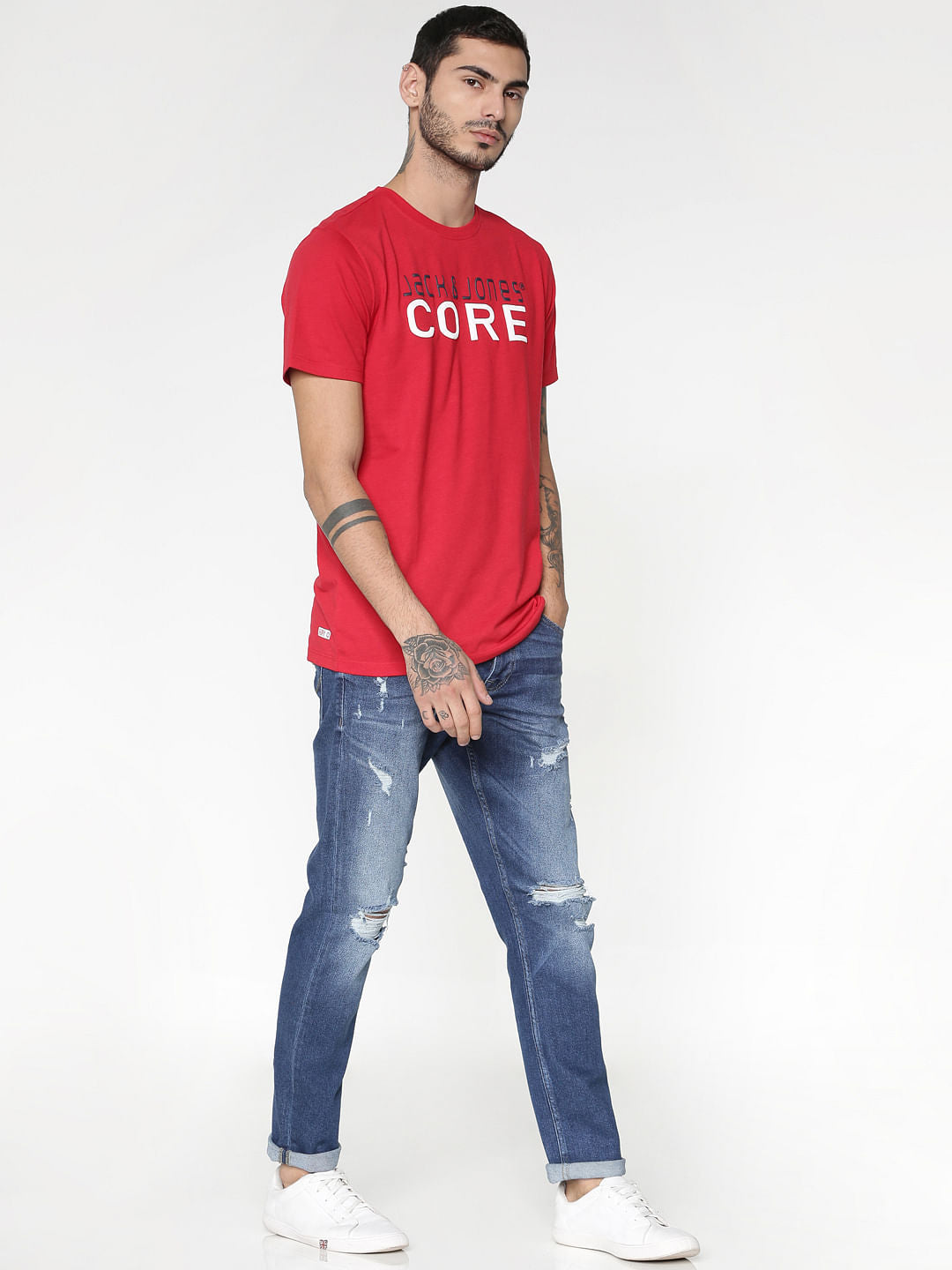 Red Core Text Print Slim Fit Crew Neck T-Shirt