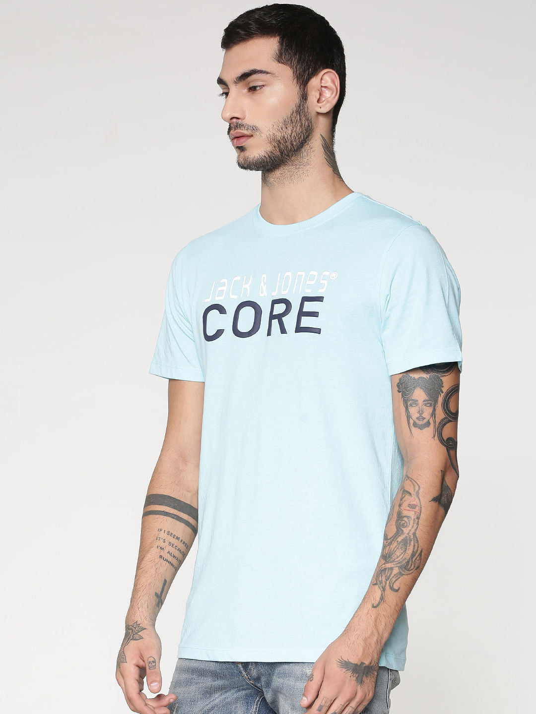 Blue Core Text Print Slim Fit Crew Neck T-Shirt