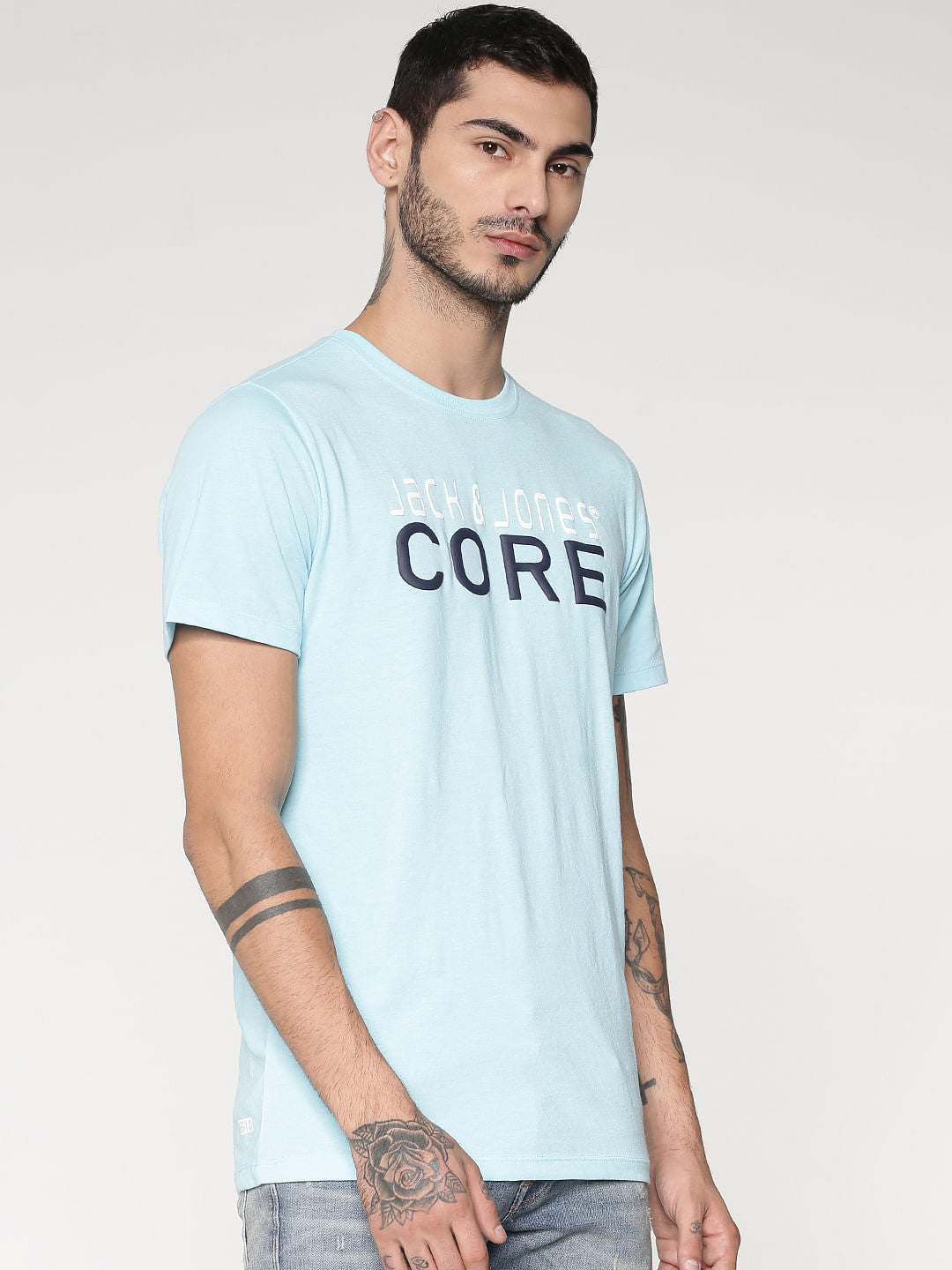 Blue Core Text Print Slim Fit Crew Neck T-Shirt