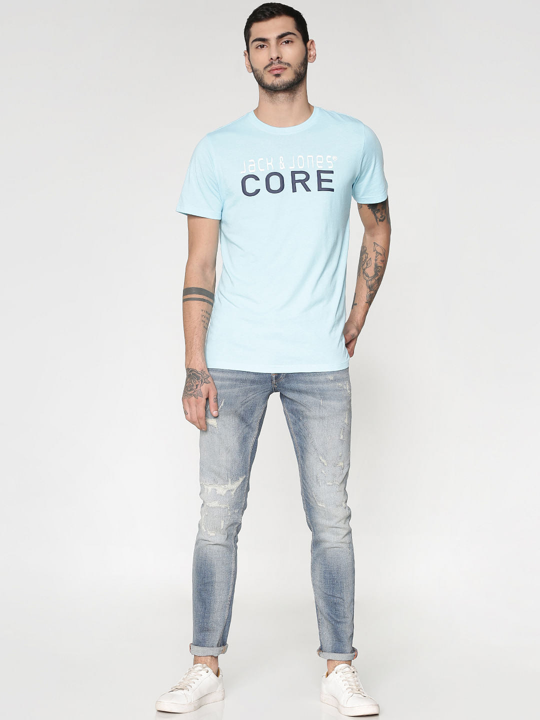 Blue Core Text Print Slim Fit Crew Neck T-Shirt