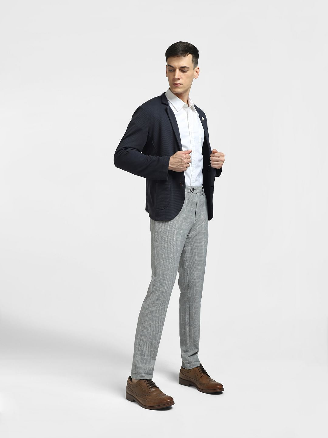 Grey Mid Rise Check Trousers