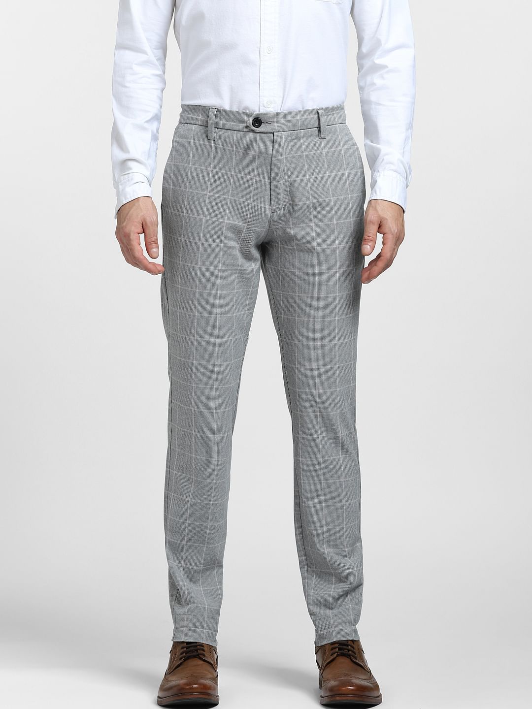 Grey Mid Rise Check Trousers