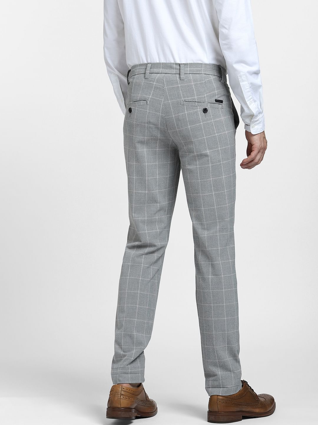 Grey Mid Rise Check Trousers