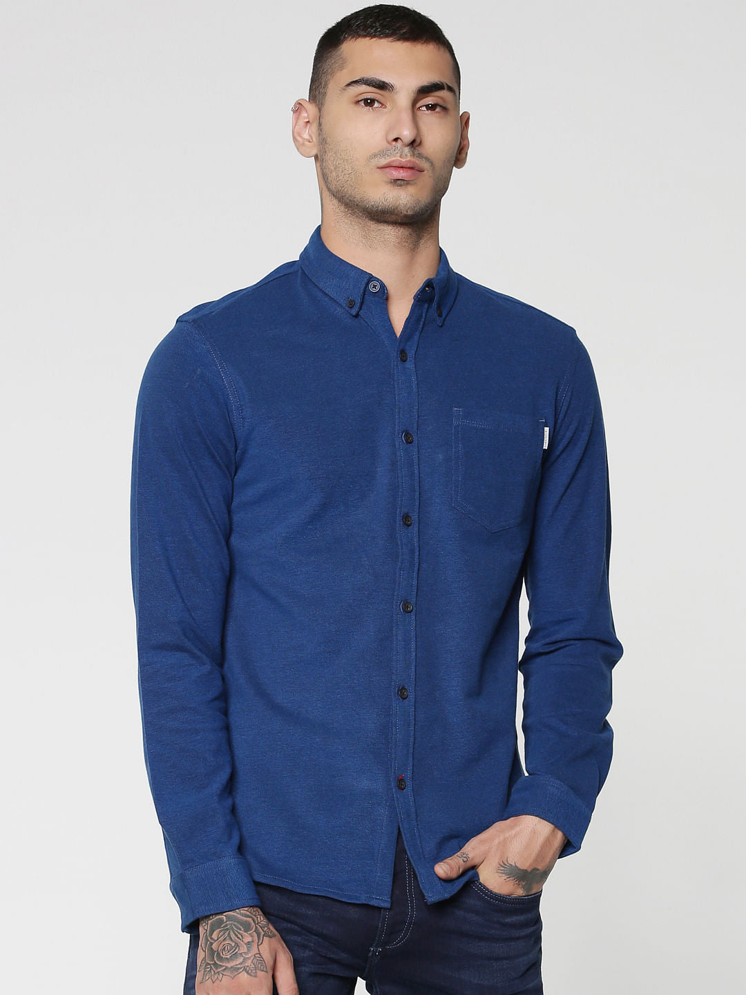 Blue Slim Fit Full Sleeves Shirt - S