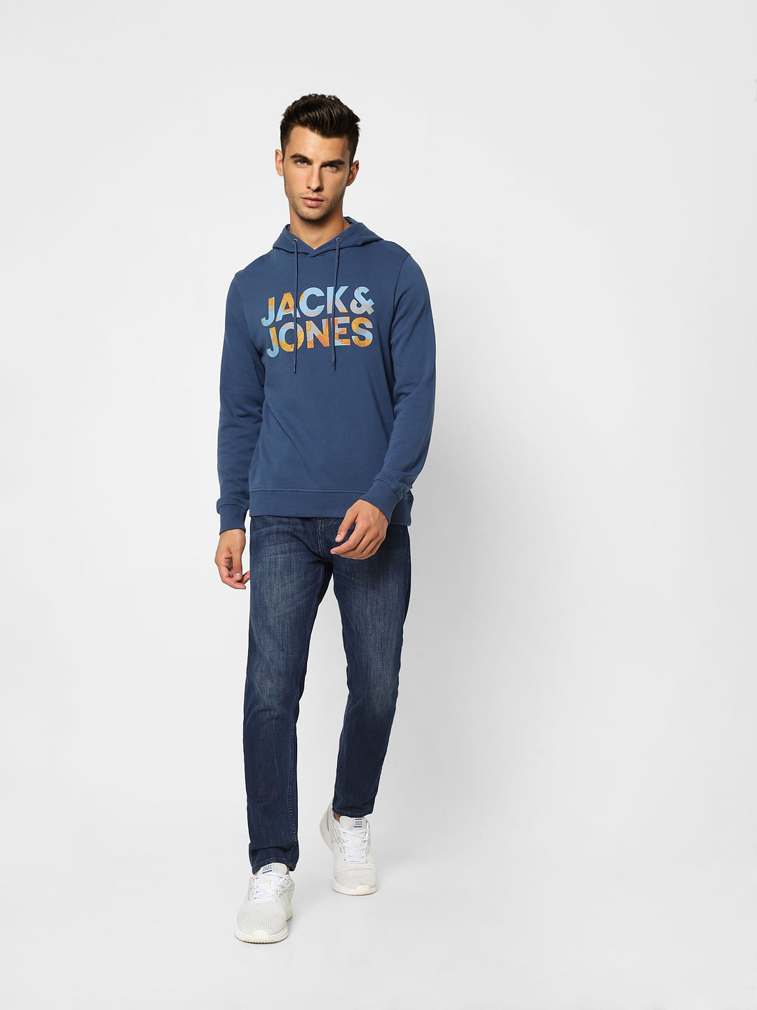 Blue Logo Print Hooded Sweatshirt