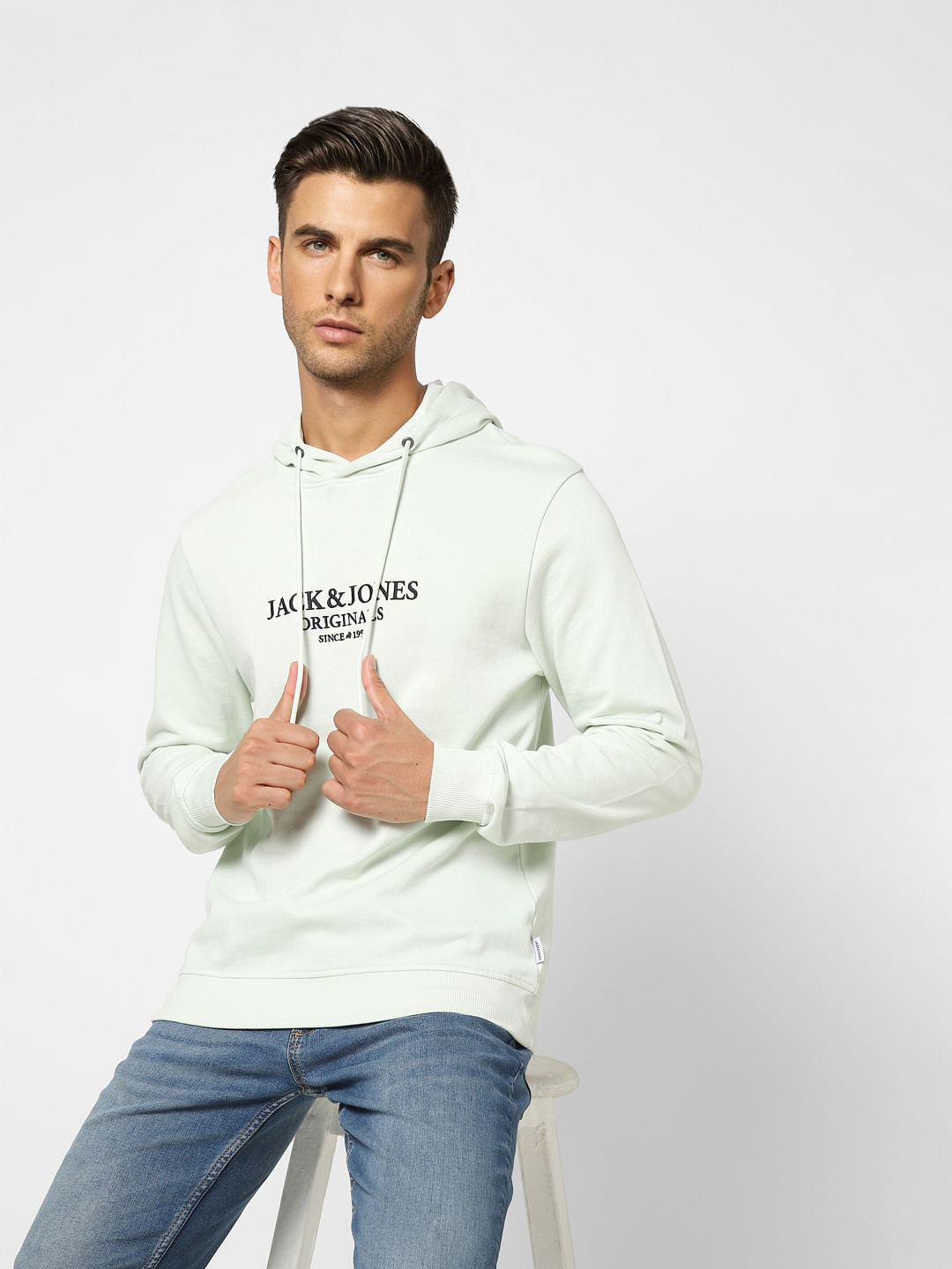 Light Blue Logo Print Hooded Sweatshirt - S