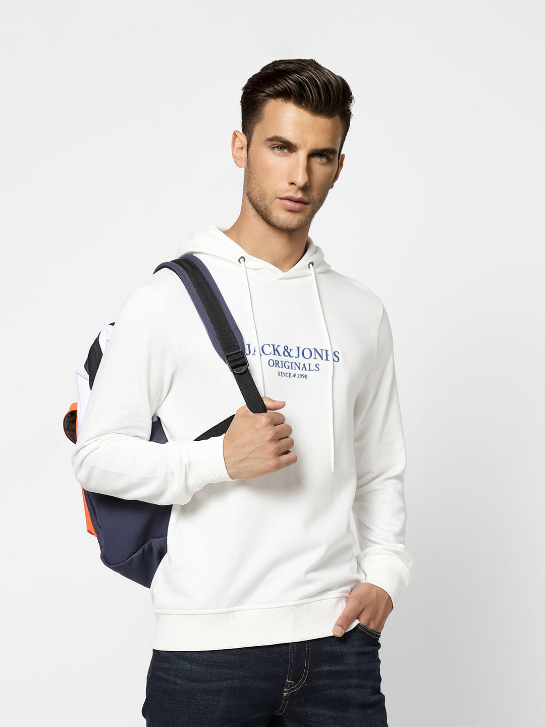 White Logo Print Hooded Sweatshirt - S