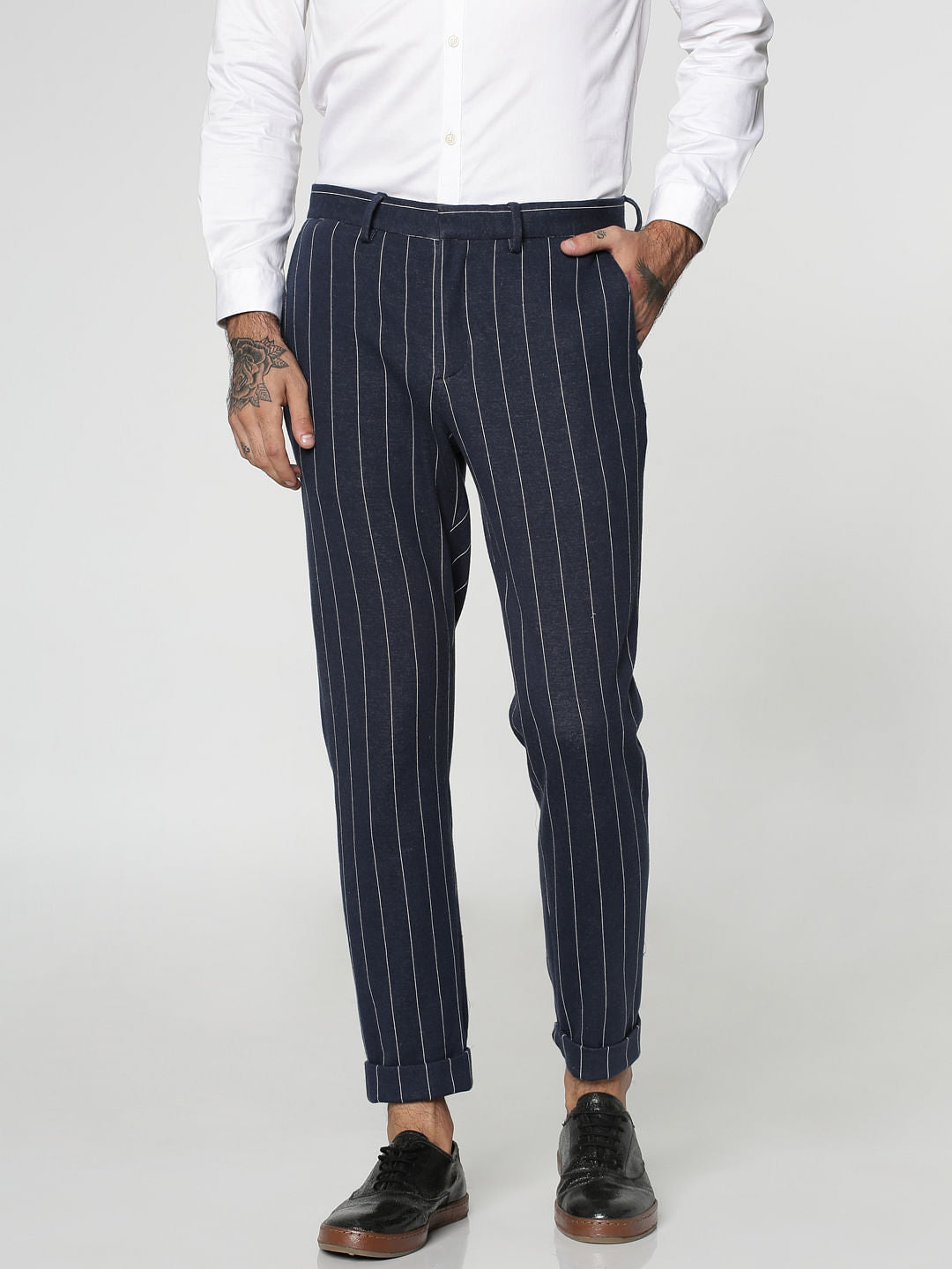 Blue Striped Slim Fit Trousers - 46