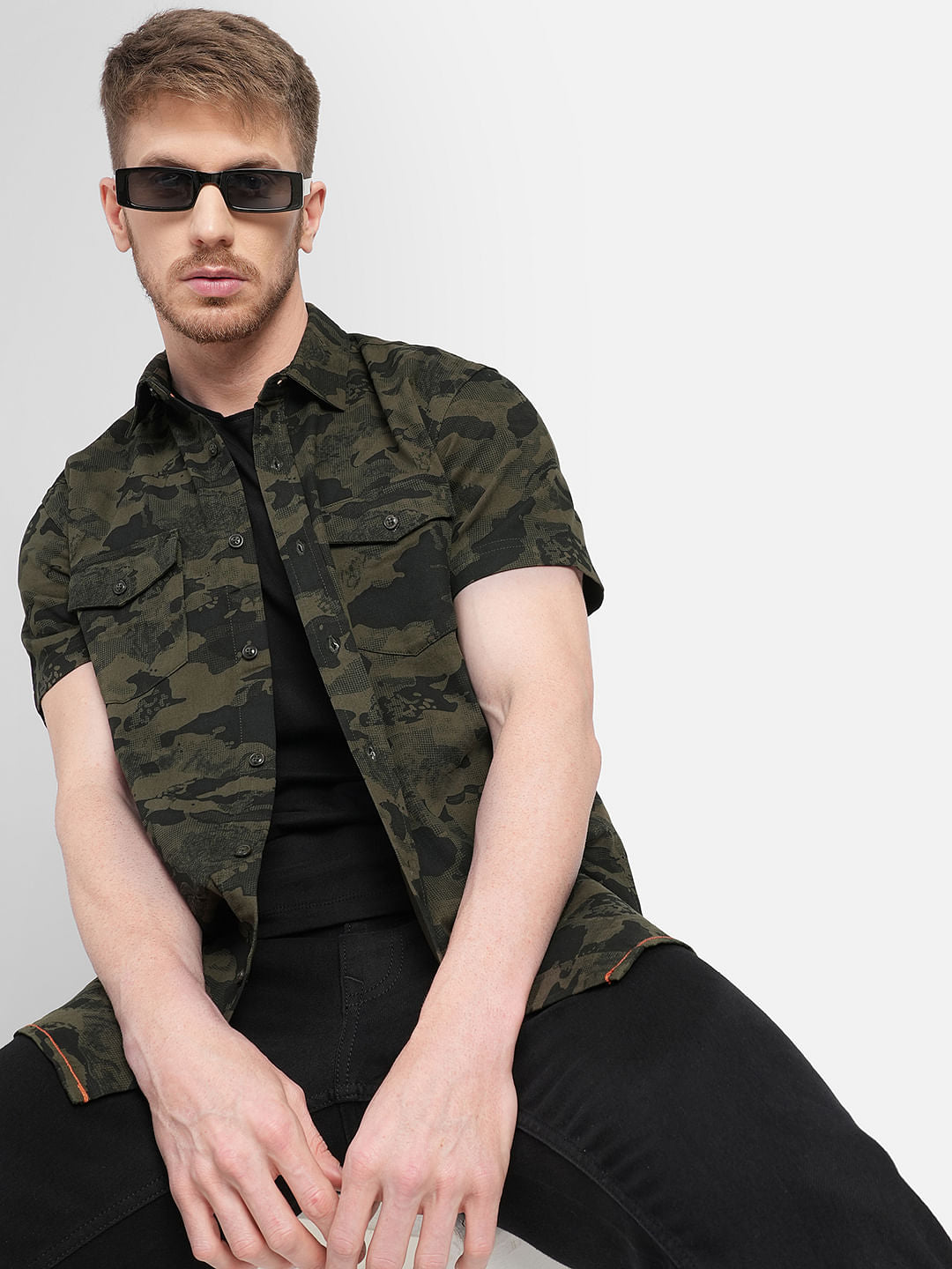 Green Camo Print Short Sleeves Shirt - S