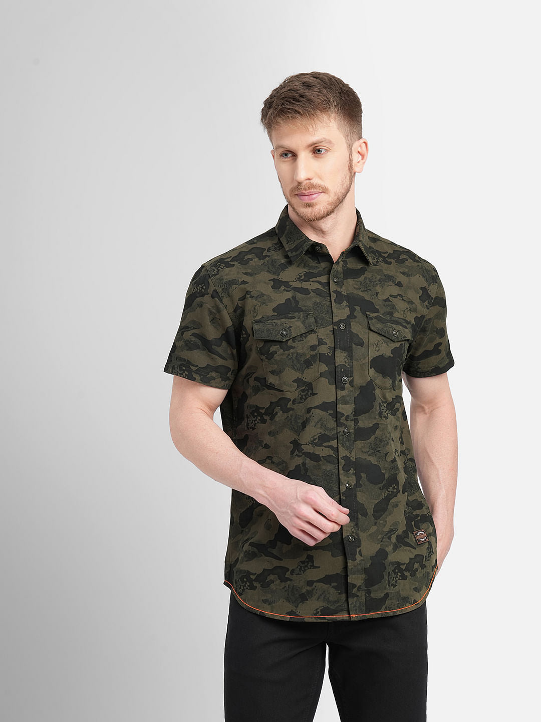 Green Camo Print Short Sleeves Shirt
