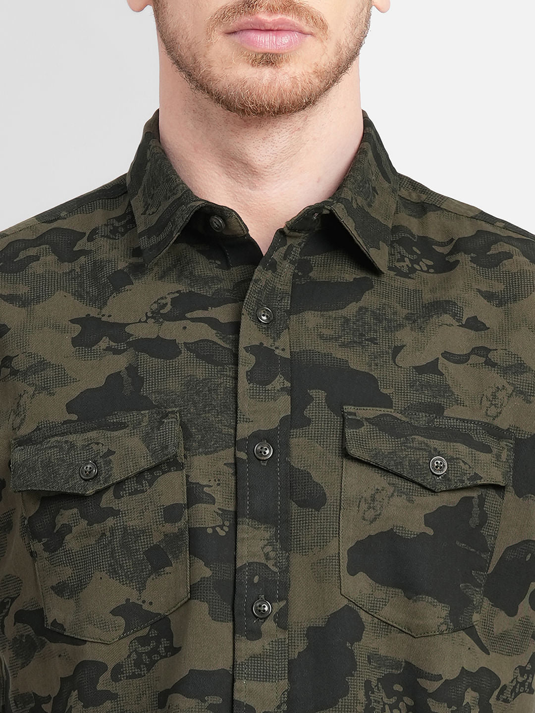 Green Camo Print Short Sleeves Shirt